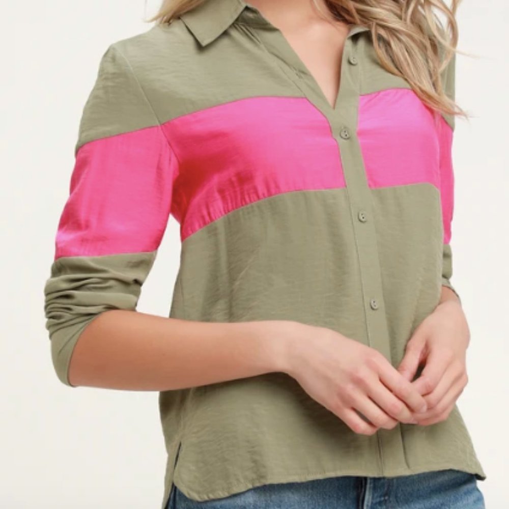 Voyage Fuchsia and Olive Green Stripe Button-Up